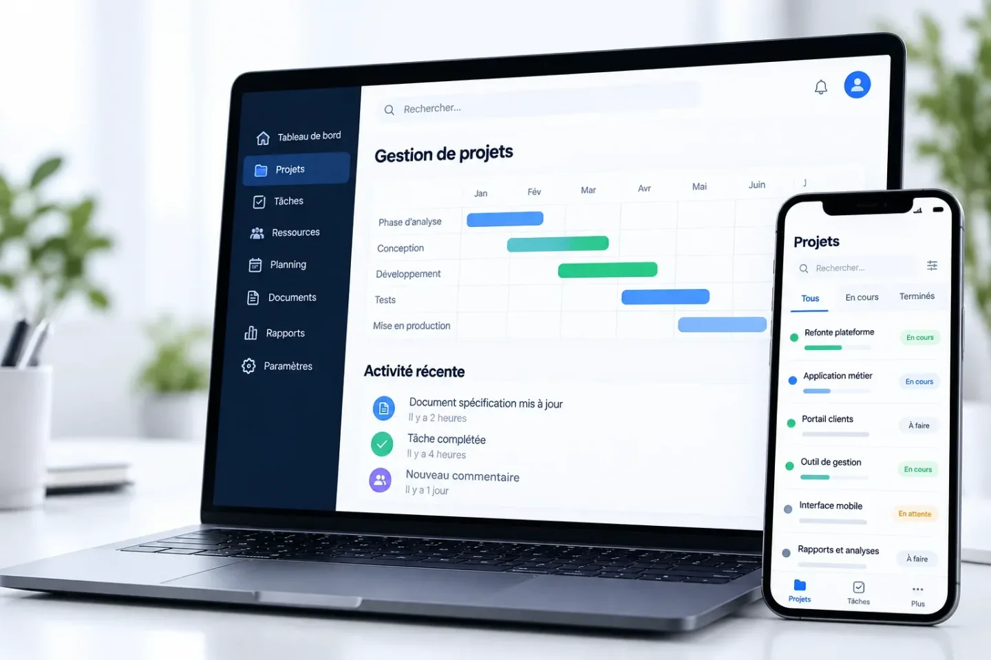Interface illustrative de planification sur ordinateur et mobile