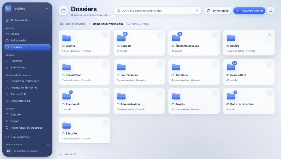 Capture réelle d’Archivia : dossiers d’archives d’e-mails