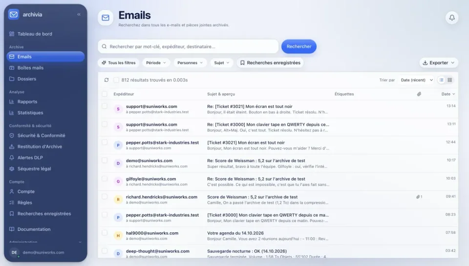 Capture réelle d’Archivia : liste et recherche des e-mails